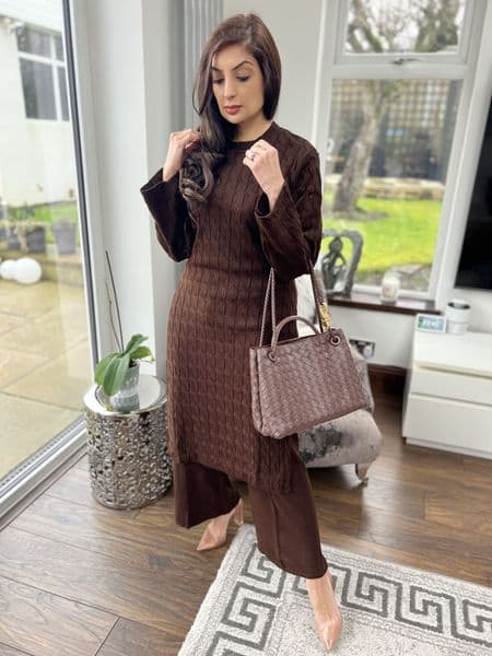 Long length knit co ord set brown