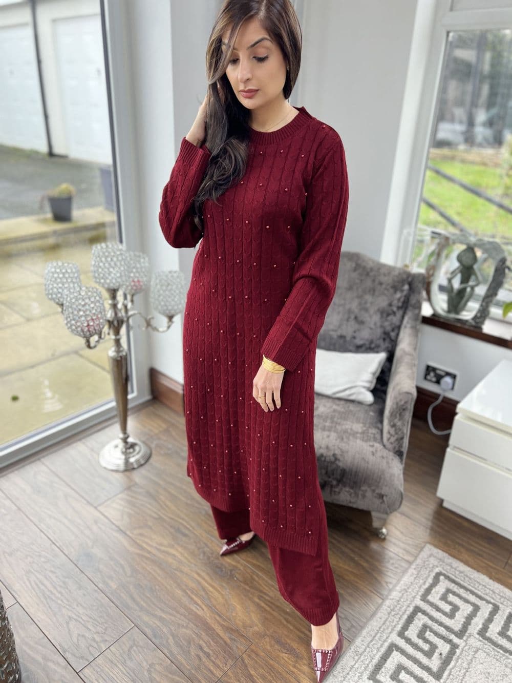 Long length knit co ord set : cherry