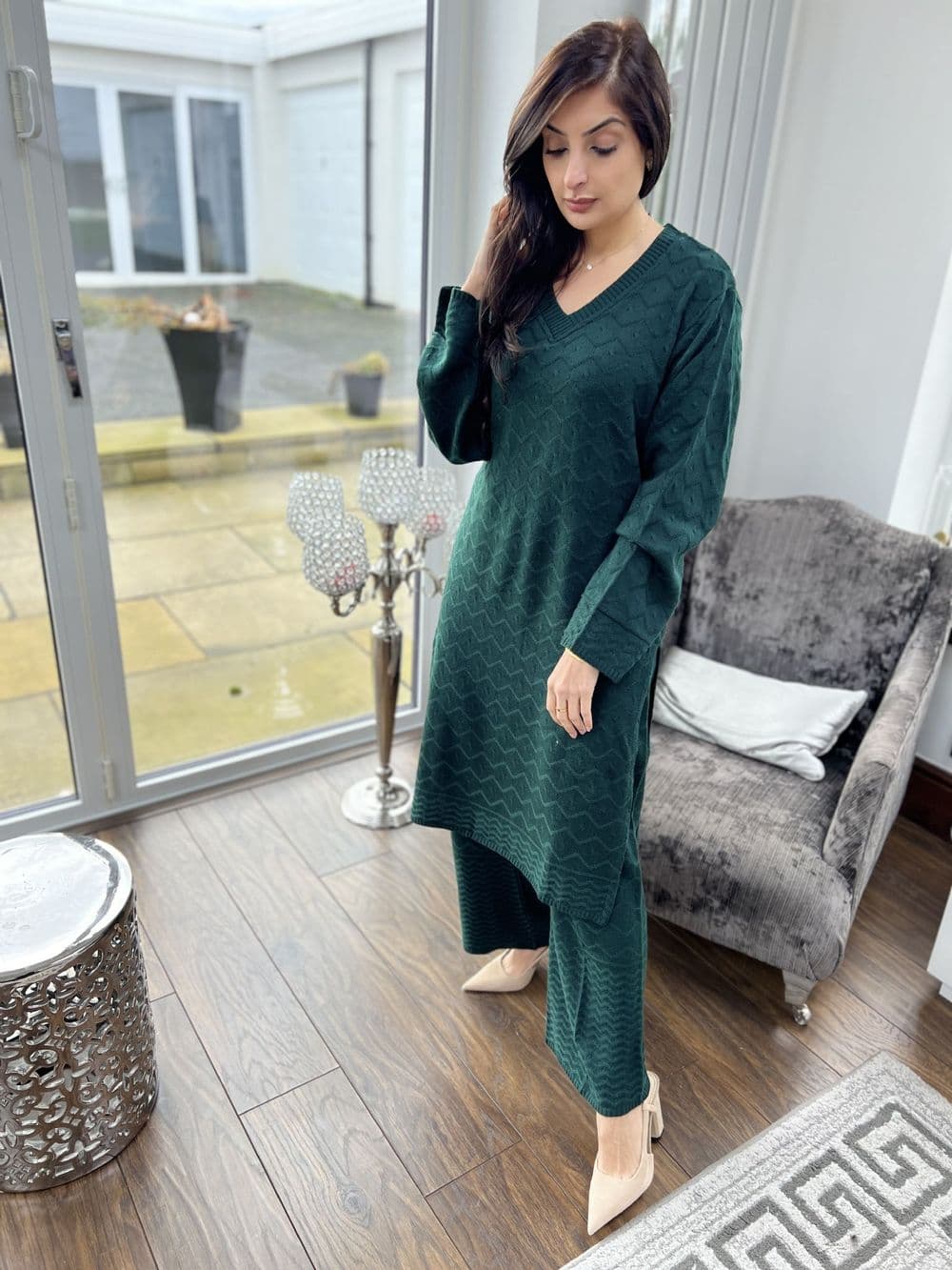 Long length knit co ord set : forest green