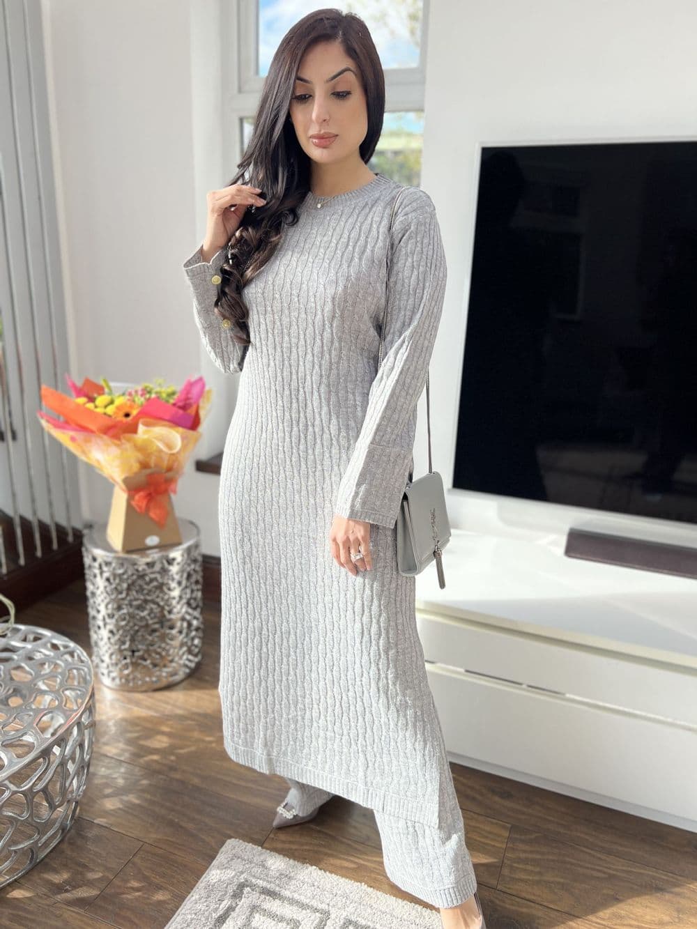 Long length knit co ord set : light grey 103