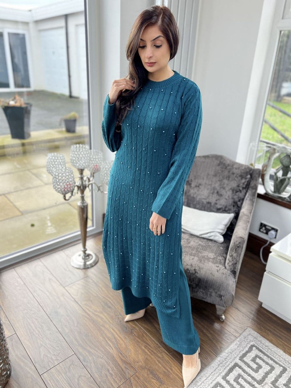 Long length knit co ord set : teal Peale