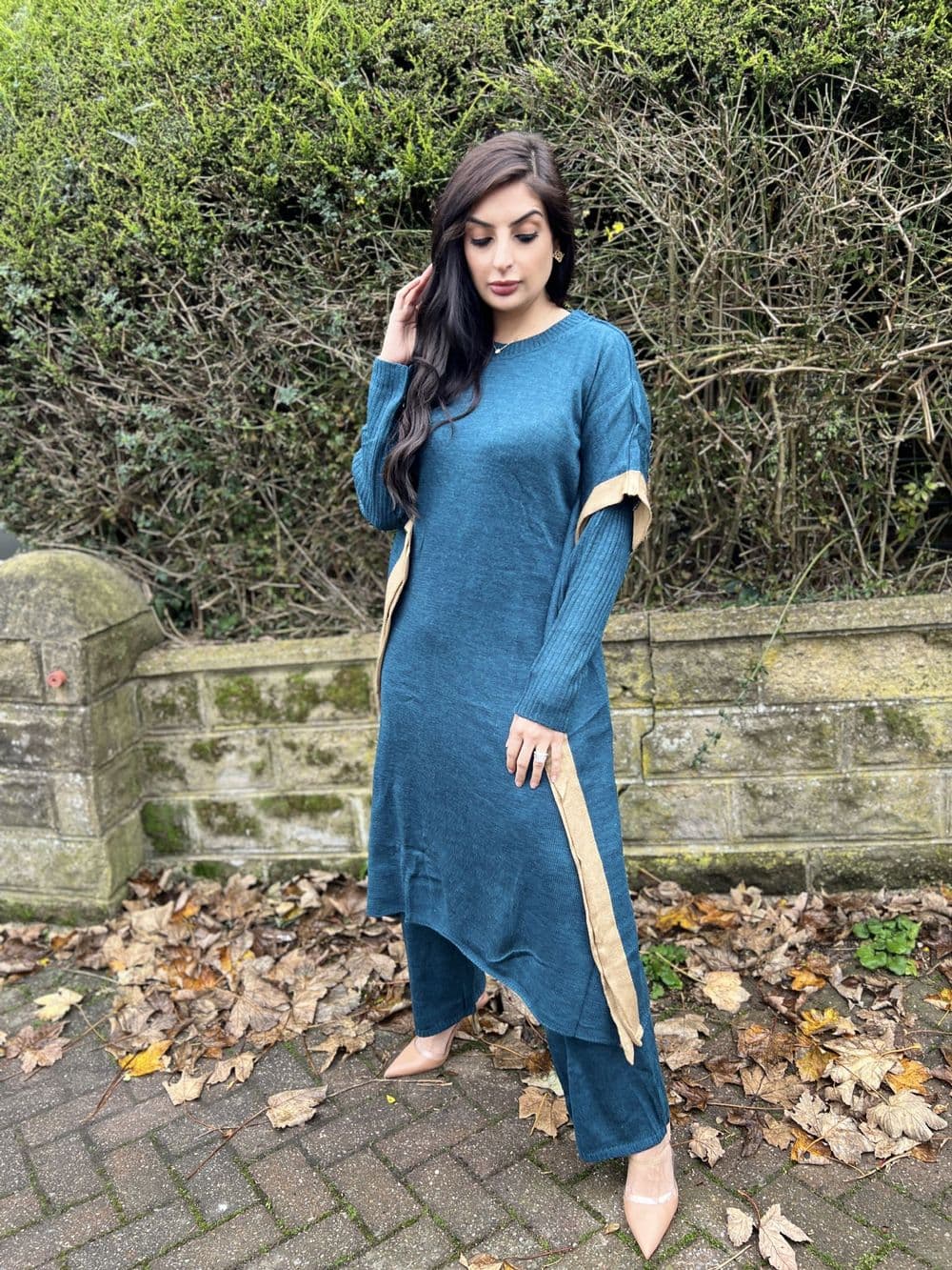 Long length knit kaftan style co ord - teal