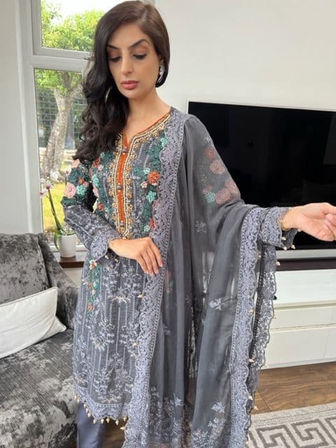 Maria B Inspired Paris Threads and Sequins Suit- Grey