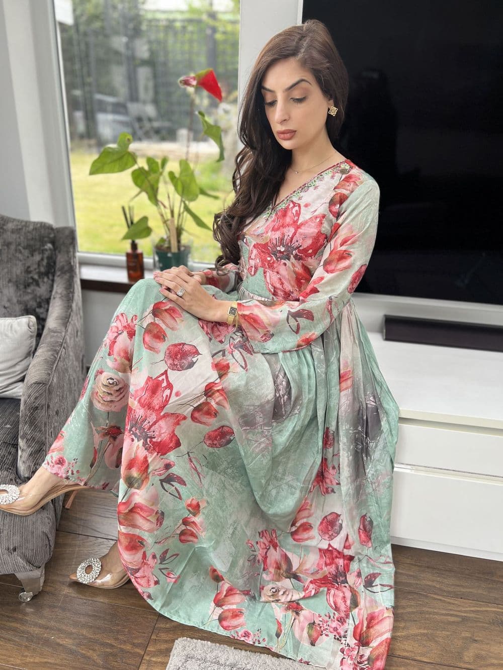 Maya Shamooz silk beaded maxi dress : mint