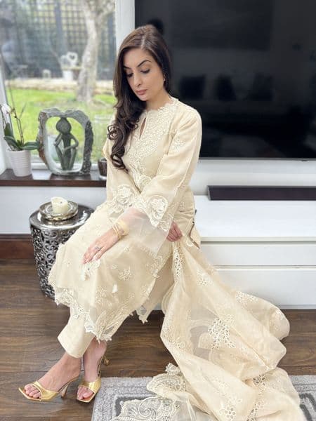 Qalamkar embroidered suit : cream
