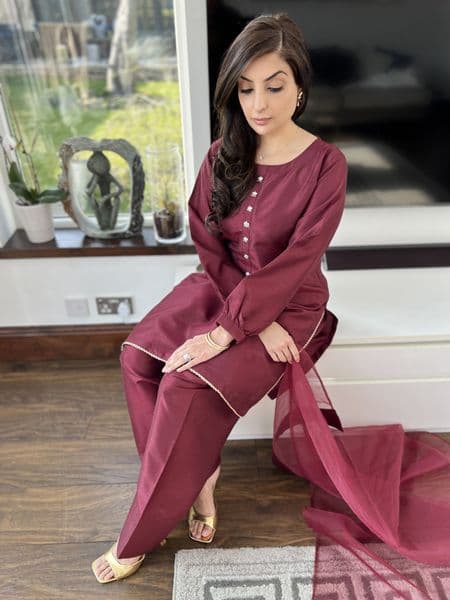 Raw silk Farshi Salwaar suit : cherry