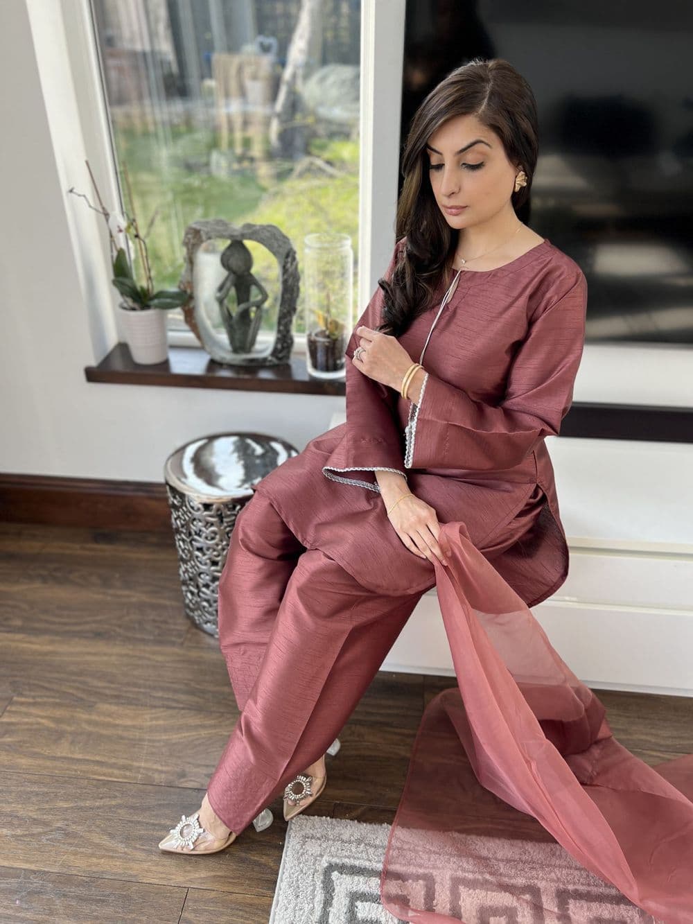 Raw silk Farshi Salwaar suit : dark auburn