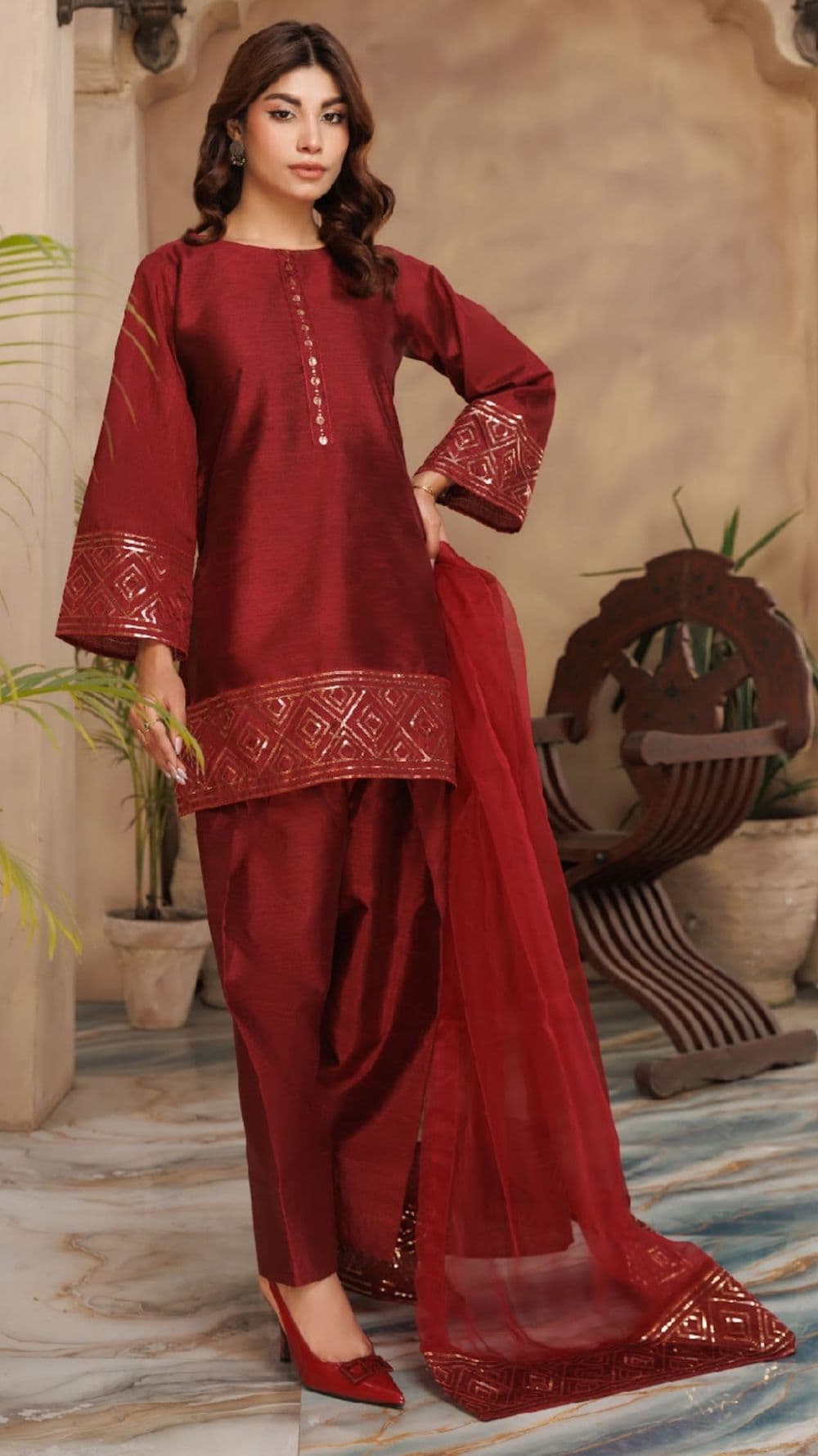 Raw silk Farshi Salwaar suit : maroon