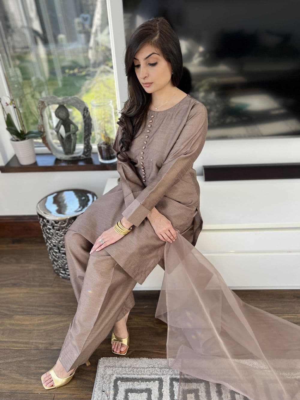 Raw silk Farshi Salwaar suit mocha