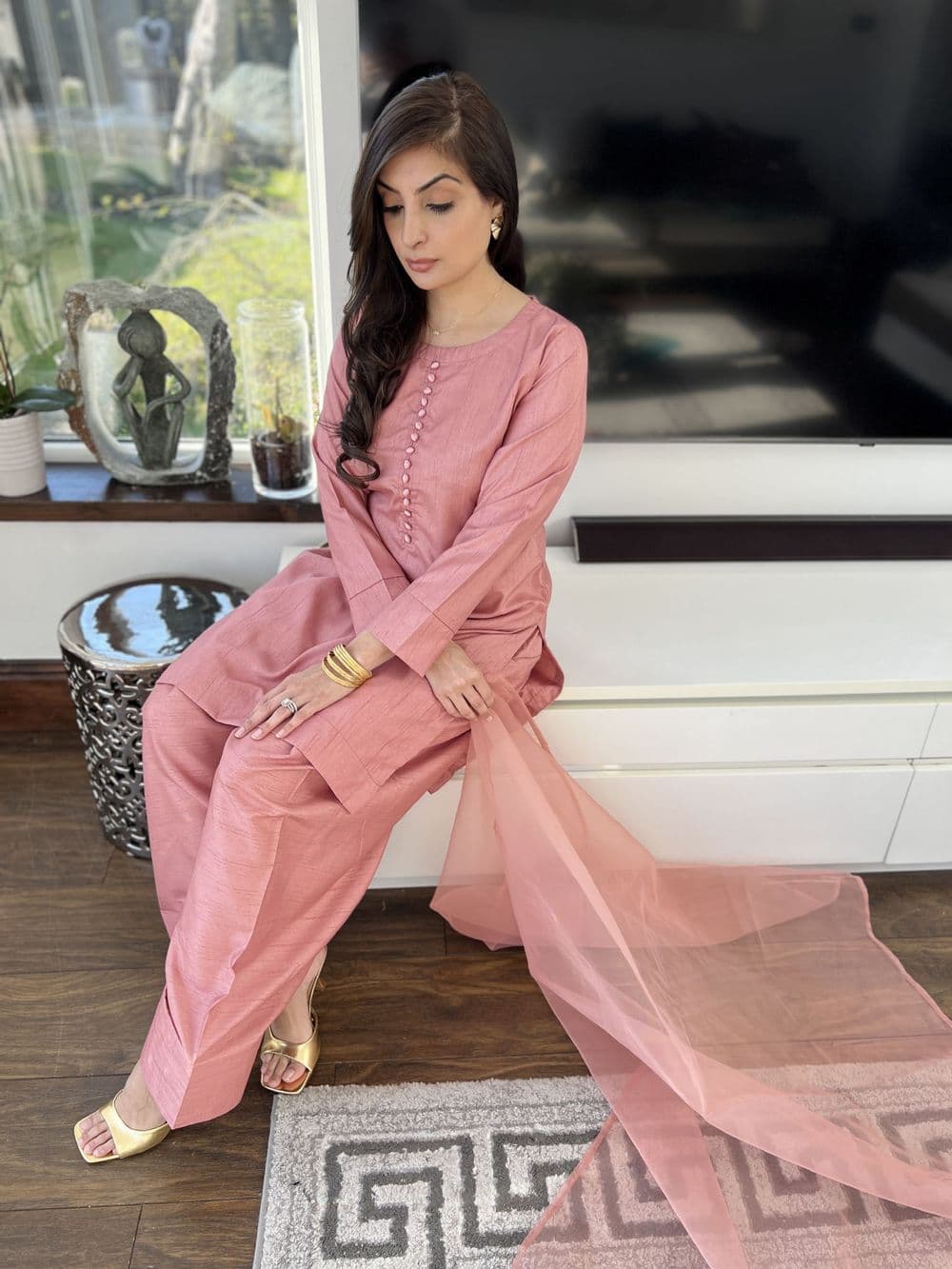 Raw silk Farshi Salwaar suit salmon