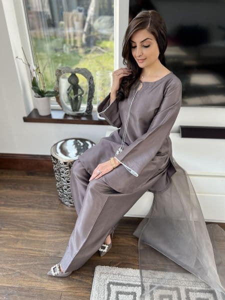 Raw silk Farshi Salwaar suit : slate