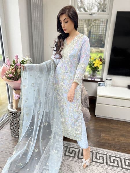 Safa sky blue organza suit