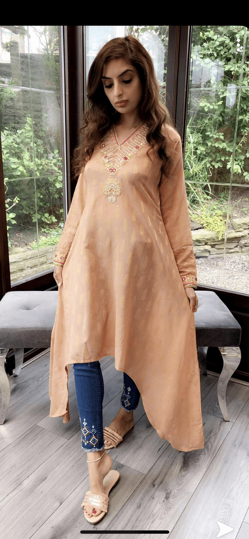 Sana peach jaquard kurta