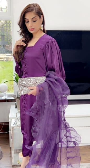 Saniya luxe Purple Satin Ruffle Dupatta suit