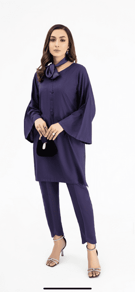 Solids linen Co ord set with silk tie scarf navy