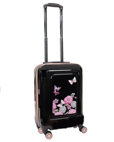 Hard Shell Suitcase Combination Lock 4 Wheel Flower Pattern  Black Luggage Trolley Case Lightweight