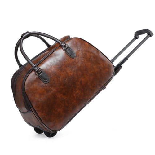 Leather Travel Holdall Trolley Bag with Wheels – Unisex PU Cabin Luggage 47cm, 3 Compartments