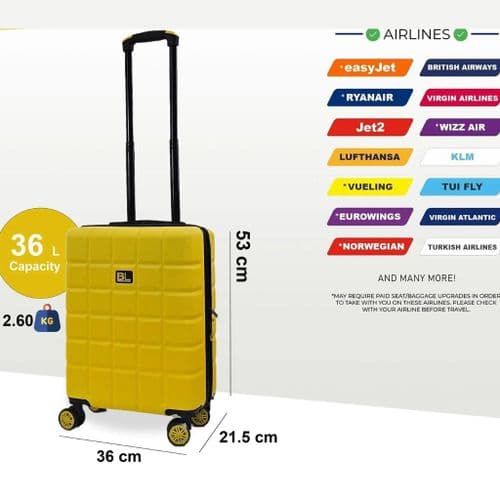 Lightweight Yellow Hard Shell Cabin Case | Durable ABS Luggage with 360° Spinning Wheels