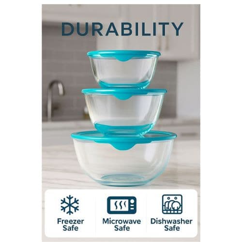 Pyrex Cook & Store Glass Bowl Set 3pcs with Lids – 0.5L 1L 2L Mixing Storage