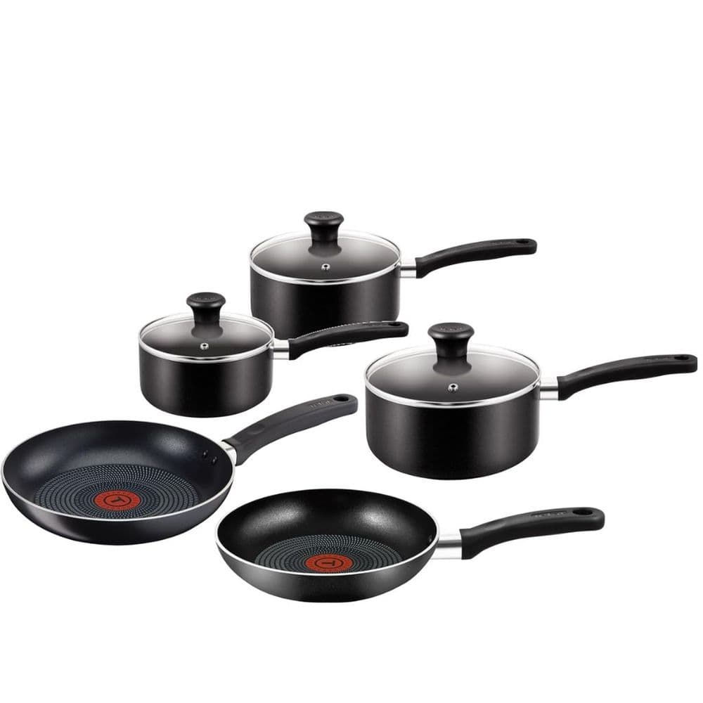 Tefal Essential 5-Piece Non-Stick Cookware Set: 3 Saucepans (16/18/20CM) with Lids, 2 Frying Pans