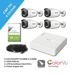2MP Hikvision DS-2CE12DFT-F(2.8MM or 3.6MM) ColorVu Bullet 4 Camera & 4Ch DVR TVI Kit (Offer)