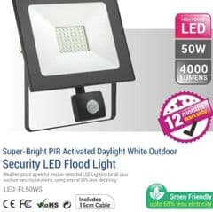 50W IP44 ELECTRICAL OUTSIDE LED FLOOD LIGHT WITH SENSOR - 4000LM / LUMENS (IP44) 2835