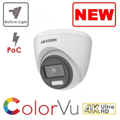 8MP 4K DS-2CE72UF3T-E ColorVu POC Fixed Turret Camera 40M With Light - TVI - White