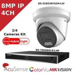 8MP 4K IP Hybrid Light CCTV Kit - 4 CH POE AcuSense NVR - IR + ColorVu - DS-2CD2387G2H-LIU - 2.8MM