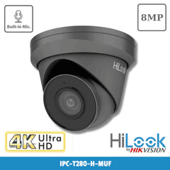 8MP HiLook IPC-T280H-MUF-G IP Metal Turret Camera with 30m IR, Built in Mic PoE 2.8MM - Grey