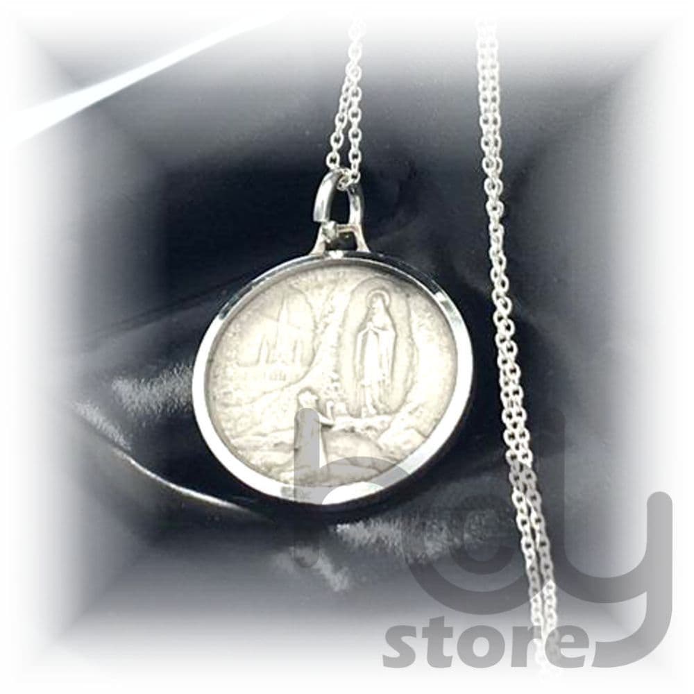 16mm Our Lady of Lourdes Medal Sterling Silver Necklace