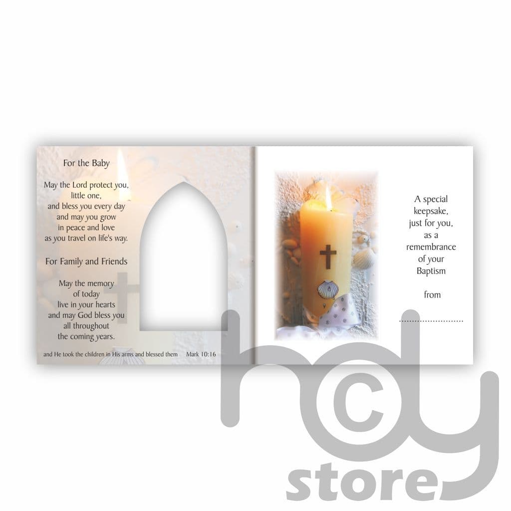Baptism Keepsake Card Candle/Shell "Arch Window" Design