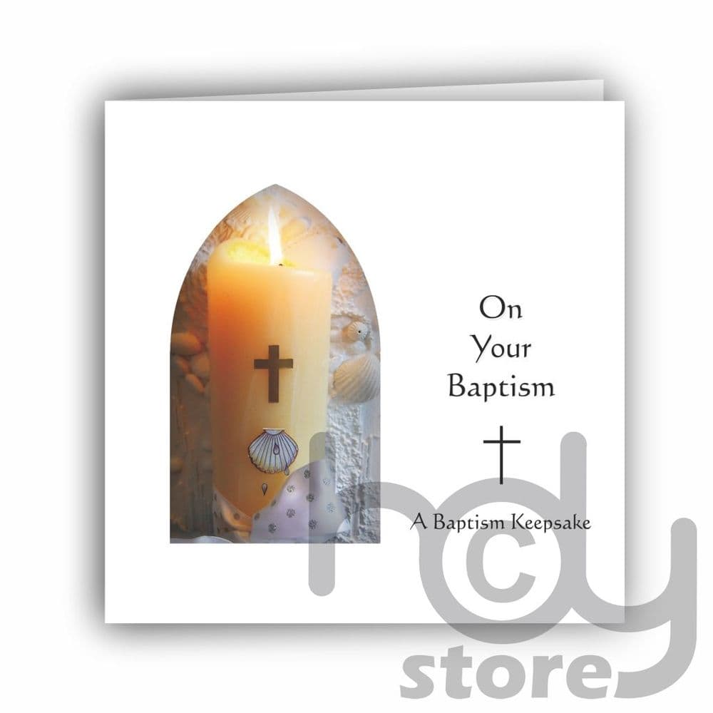 Baptism Keepsake Card Candle/Shell "Arch Window" Design