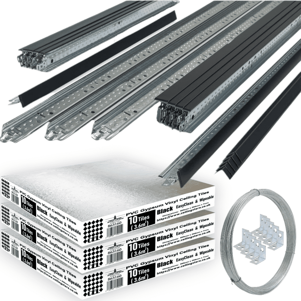 Black Suspended Ceiling Grid Kit 10m Black Metal Frame System 600mm x 600mm with Wipeable Tiles