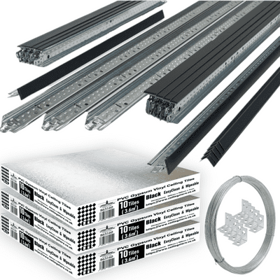 Black  Suspended Ceiling Grid Kit - 10m² Black Metal Frame System 600mm x 600mm with Wipeable Tiles