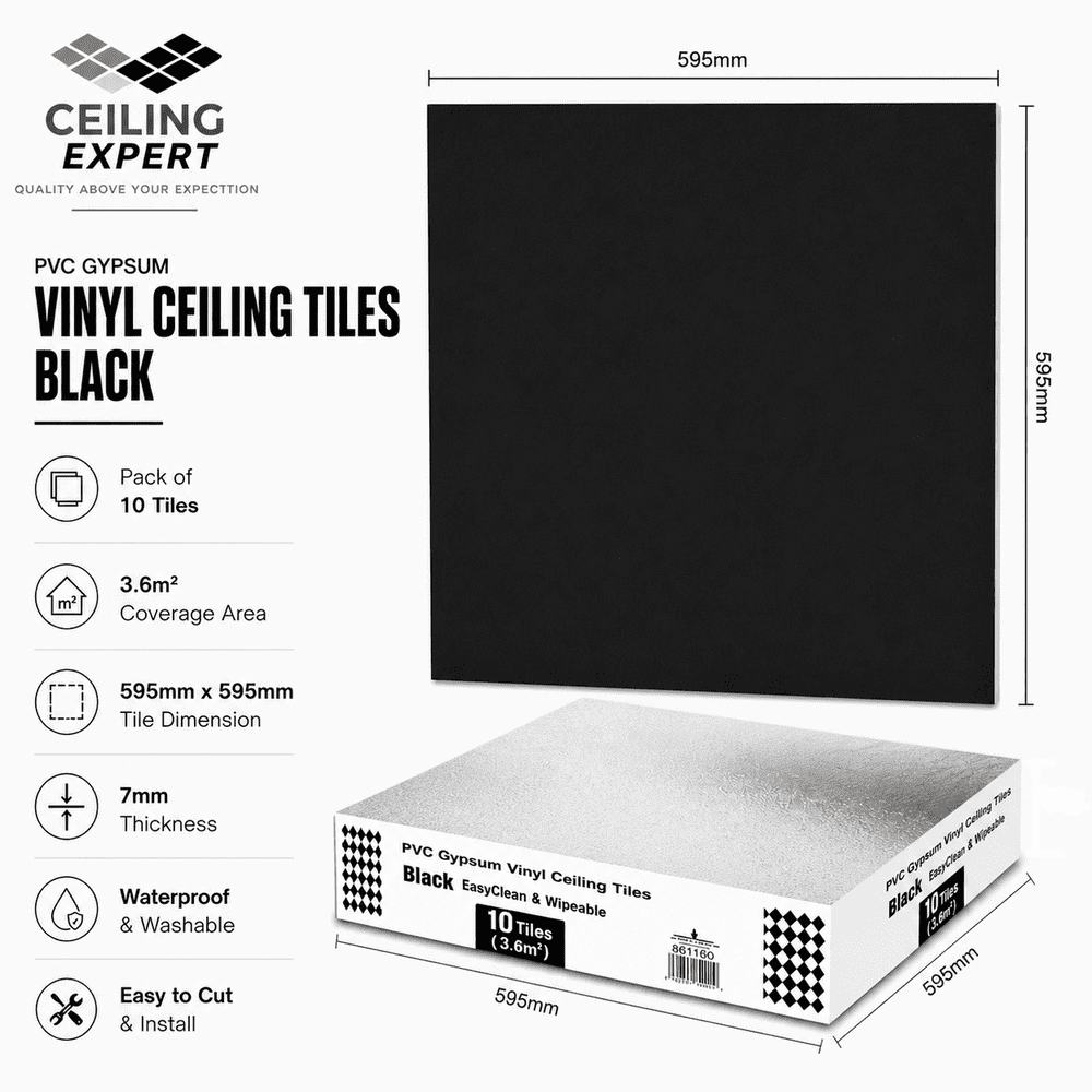Black Suspended Wipeable Ceiling Tiles - EasyClean - 595mm x 595mm