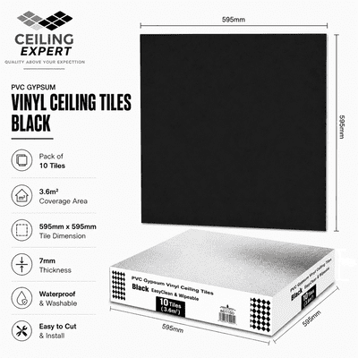 Black Suspended  Wipeable Ceiling Tiles - EasyClean - 595mm x 595mm - Fits 600 x 600 Grid System