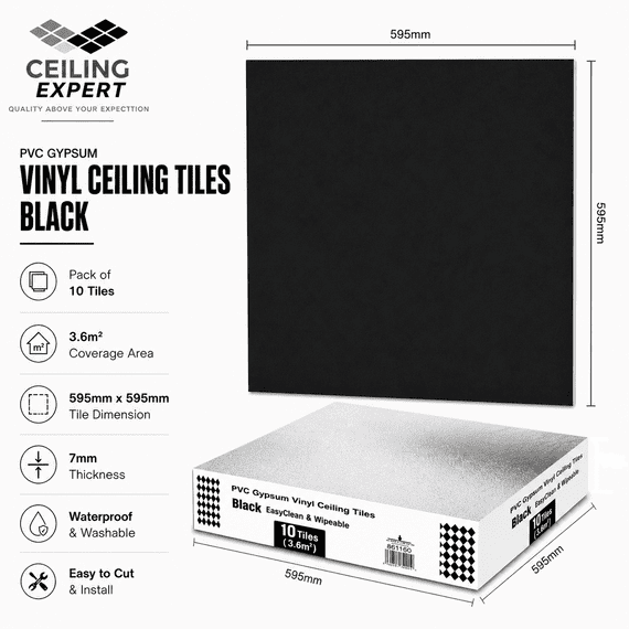 Black Suspended  Wipeable Ceiling Tiles - EasyClean - 595mm x 595mm - Fits 600 x 600 Grid System