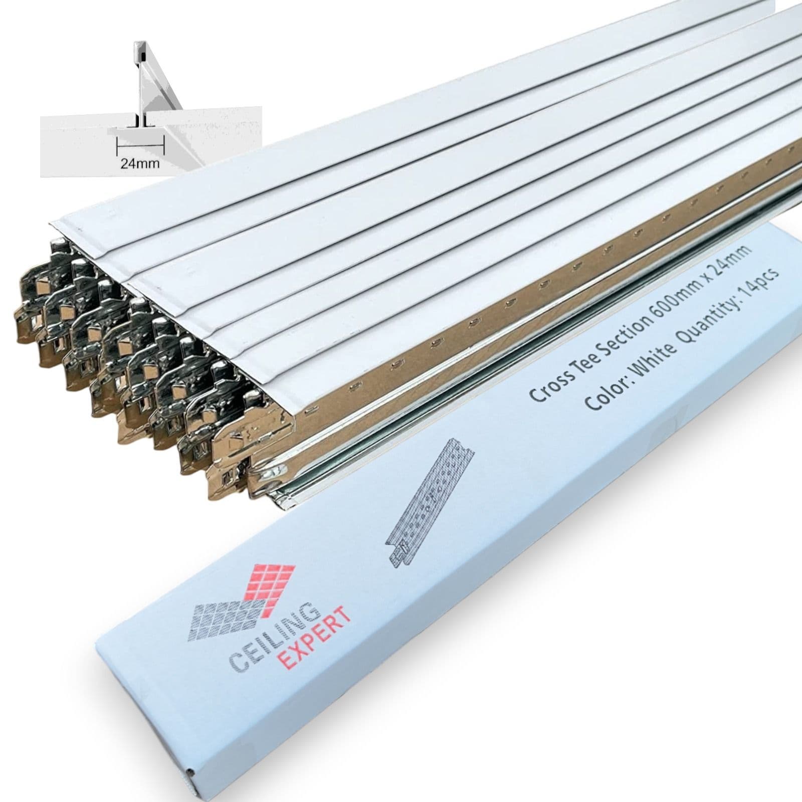 Pack of 14 White Cross Tee Section 600mm X 24mm Suspended Ceiling Grid ...