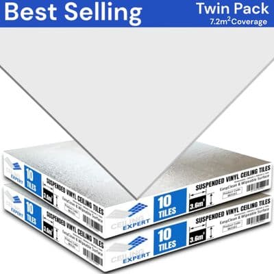 Premium 7.2m² Vinyl Suspended Ceiling Tiles - EasyClean & Wipeable - 595mm x 595mm x 7mm  - 600x600