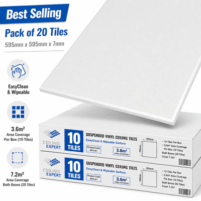 Premium 7.2m² Vinyl Suspended Ceiling Tiles - EasyClean & Wipeable - 595mm x 595mm x 7mm  - 600x600
