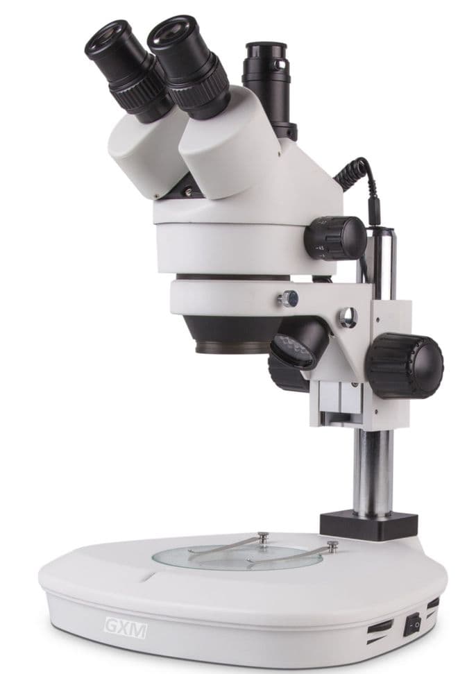 UM1076C Stereo Zoom Microscope 7X-45x (up to 270x), Trinocular with dual LED stand.