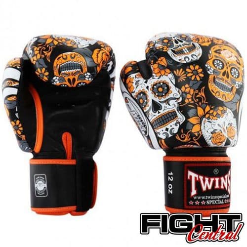 Twins Velcro Boxing Gloves - Skull - Orange