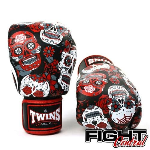 Twins Velcro Boxing Gloves - Skull - Red