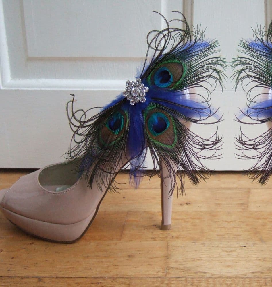 Bridal / Prom Royal Blue Peacock Feathers "Gemma" Crystal Shoe Clips
