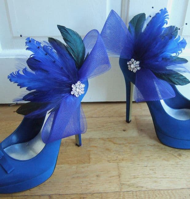 Royal Blue Black Curled Feathers Crin and Crystal Shoe Clips SC102