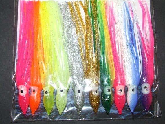 10 x Fladen 9cm Assorted Squid lures Mackerel Bass Cod Sea Boat Beach Fishing