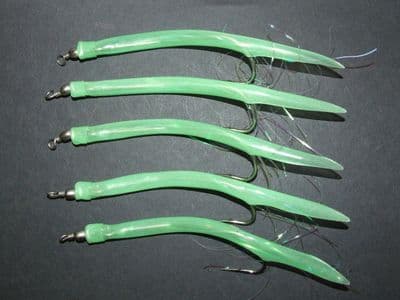 5 x Green Lumo Gummi Mack eel  lures 6/0 Hooks Bass Cod Sea Boat Wreck Fishing