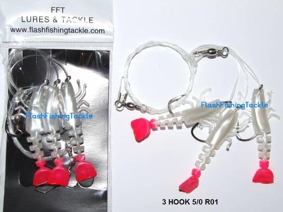 Pearl Prawn Rigs 3 x 5/0 Hooks | Squid/Eel/Prawn/Shrimp Rigs | Flash Fishing Tackle