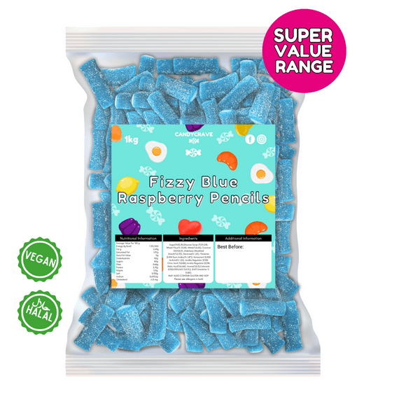 CANDYCRAVE SUPER VALUE FIZZY BLUE RASPBERRY PENCILS 1KG