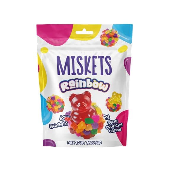 Miskets Rainbow Mix Granulated Teddy Dragees in colourful peg bags